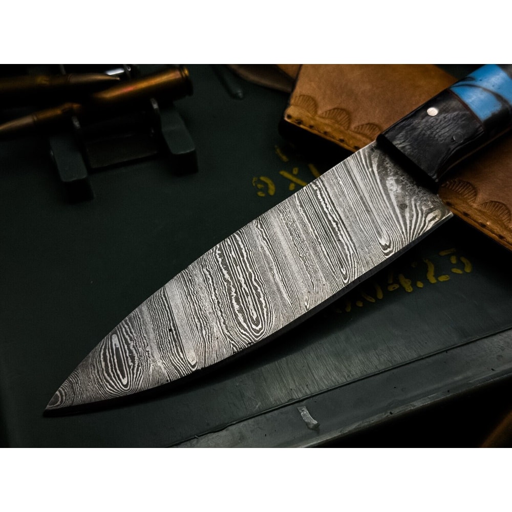 Damascus Steel Kitchen Chef Knife With Resin Handle Leather Sheath Premium Cutting 2