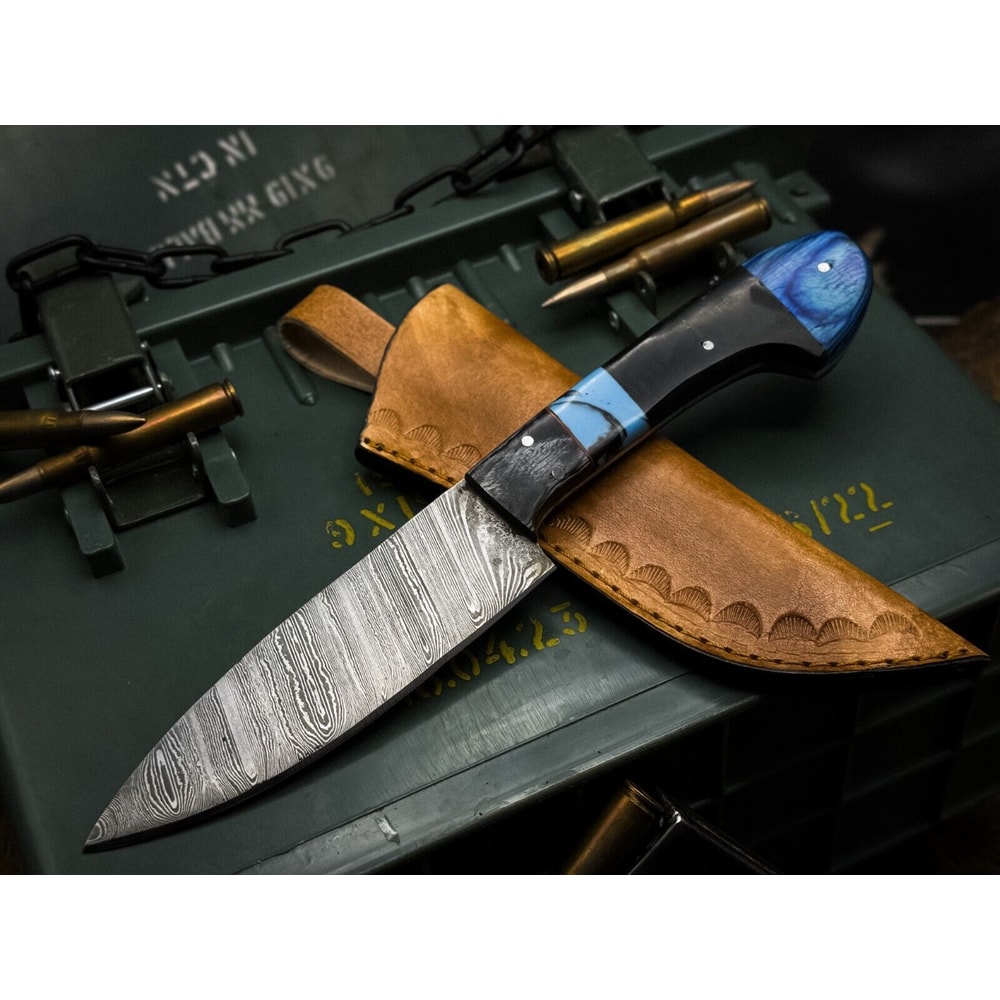 Damascus Steel Kitchen Chef Knife With Resin Handle Leather Sheath Premium Cutting 0