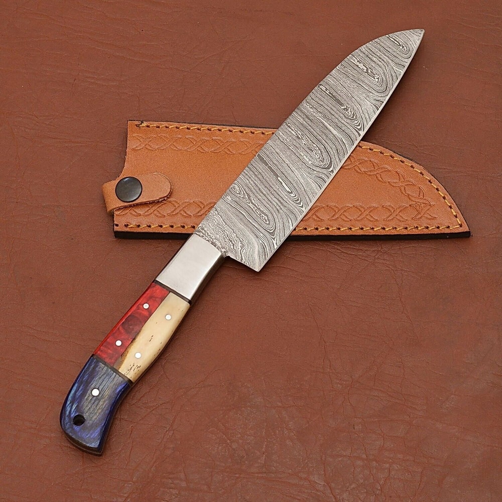 Custom Handmade Damascus Steel Kitchen Chef Knife With Bone Handle Leather Sheath Premium Full Ta 2