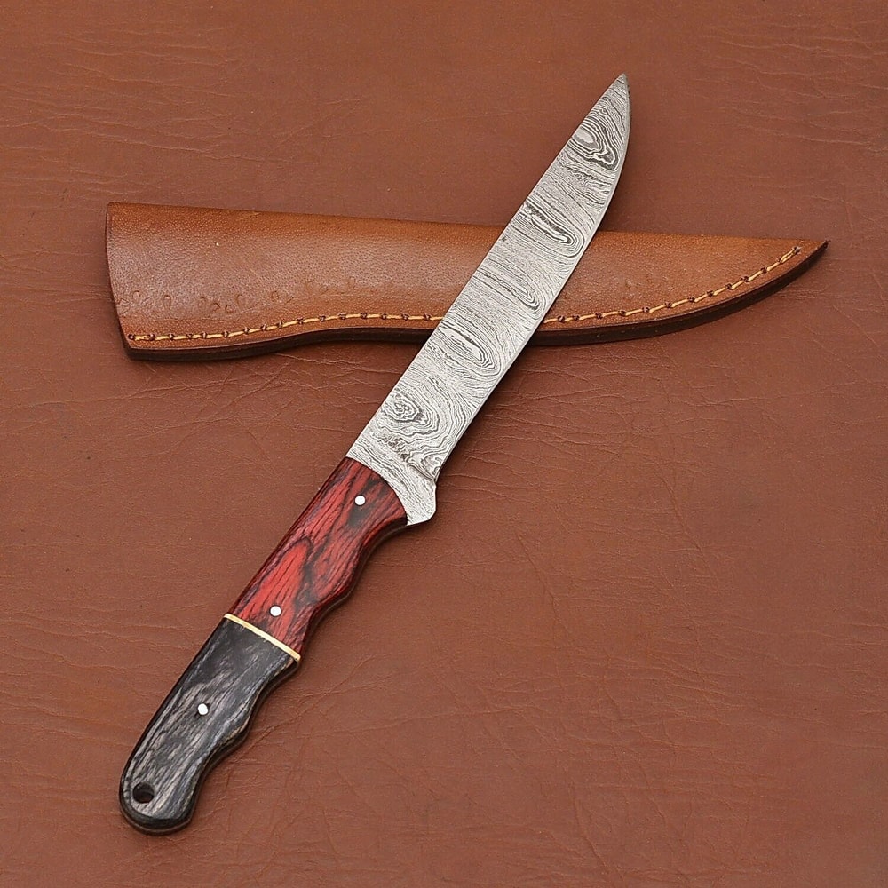 Custom Handmade Damascus Steel Chef Kitchen Knife With Wooden Handle Leather Sheath 12 Full Tang 3