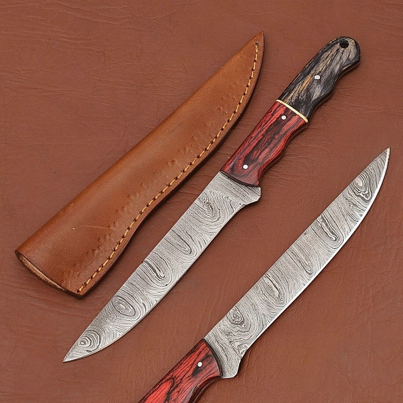 Custom Handmade Damascus Steel Chef Kitchen Knife With Wooden Handle Leather Sheath 12 Full Tang 0