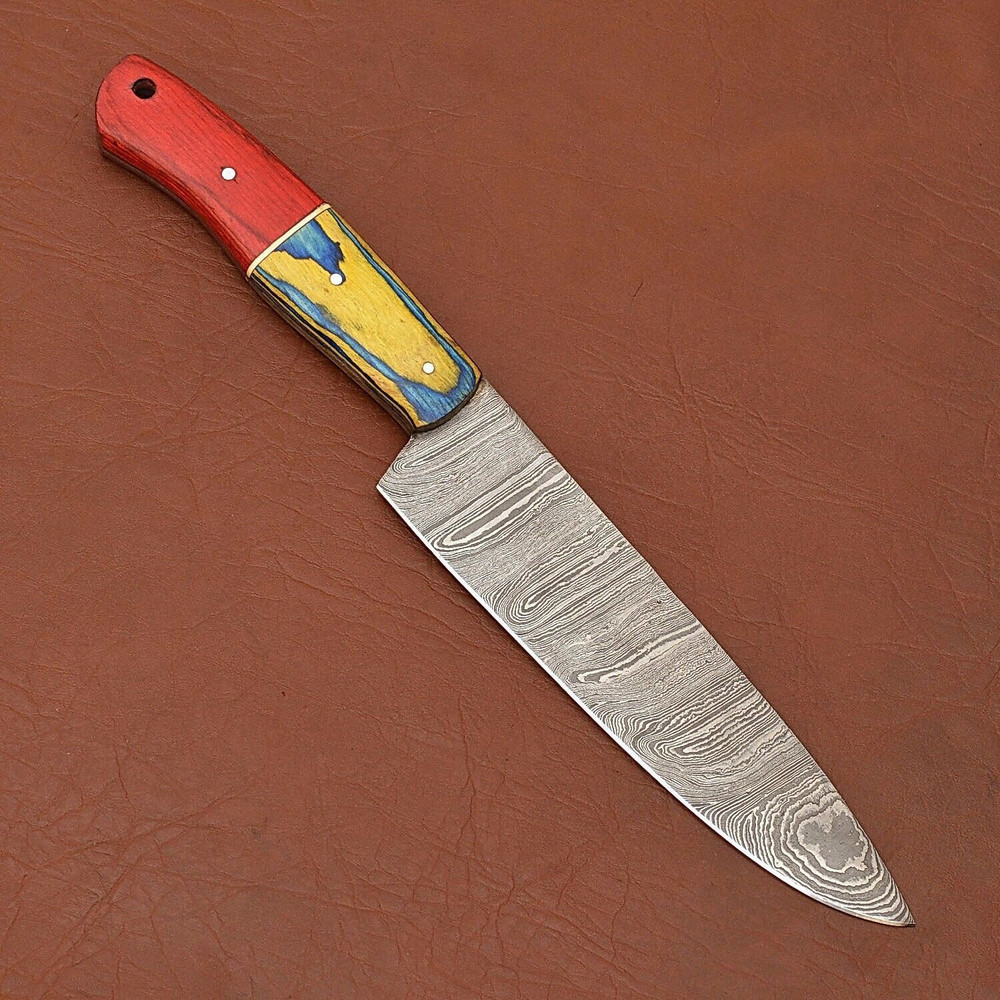 Premium Damascus Steel Chef Knife Handmade With Wood Handle Leather Case 1