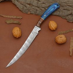 handmade damascus steel fillet knife – custom chef knife with wooden handle & sheath