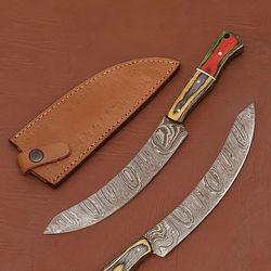 premium handmade damascus fillet knife – wooden handle with leather cover