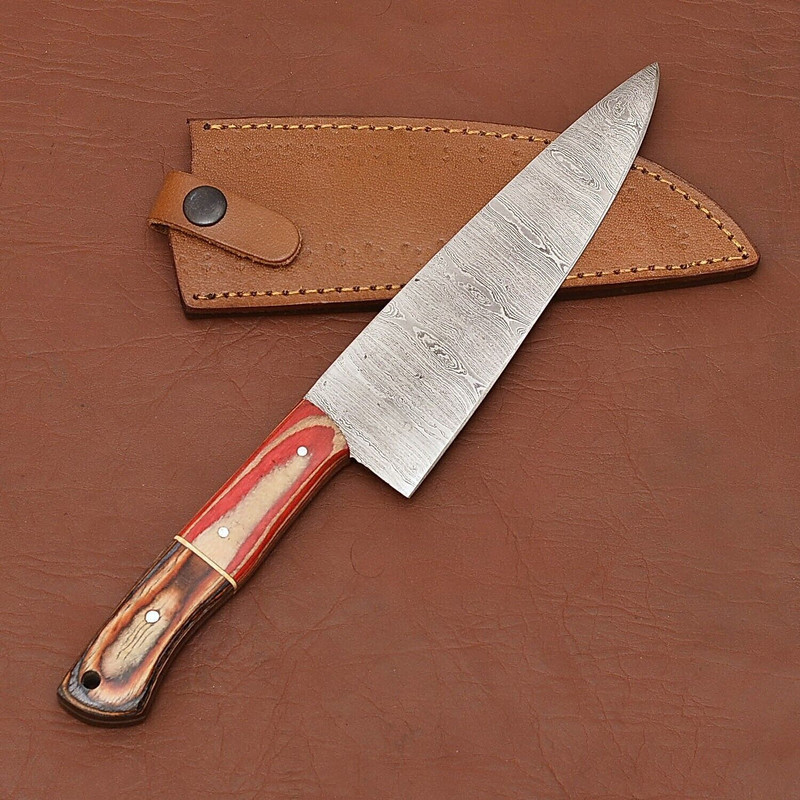 Custom Handmade Damascus Chef Fillet Knife  7 Inch Blade With Leather Sheath 3