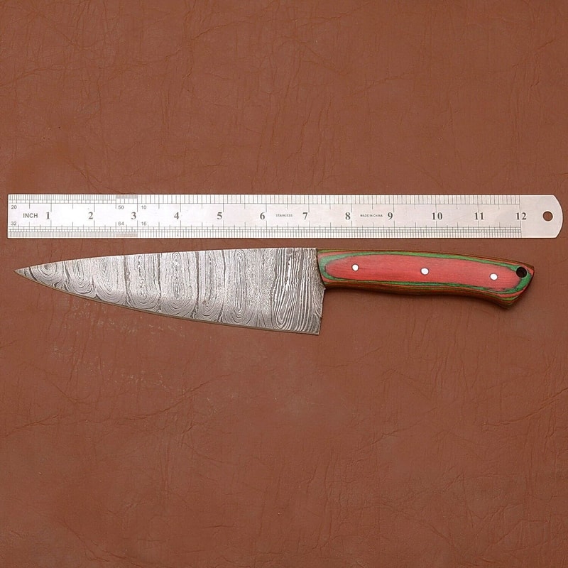 Custom Handmade Damascus Steel Chef Kitchen Knife With Wooden Handle Leather Sheath 12 Full Tang 1