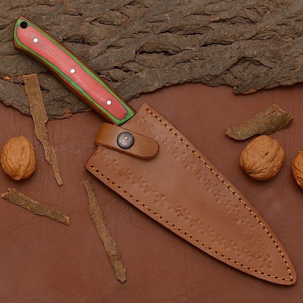 Custom Handmade Damascus Steel Chef Kitchen Knife With Wooden Handle Leather Sheath 12 Full Tang 3