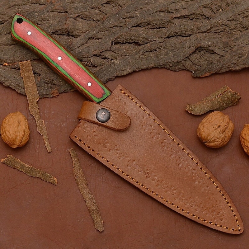 Custom Handmade Damascus Steel Chef Kitchen Knife With Wooden Handle Leather Sheath 12 Full Tang 3