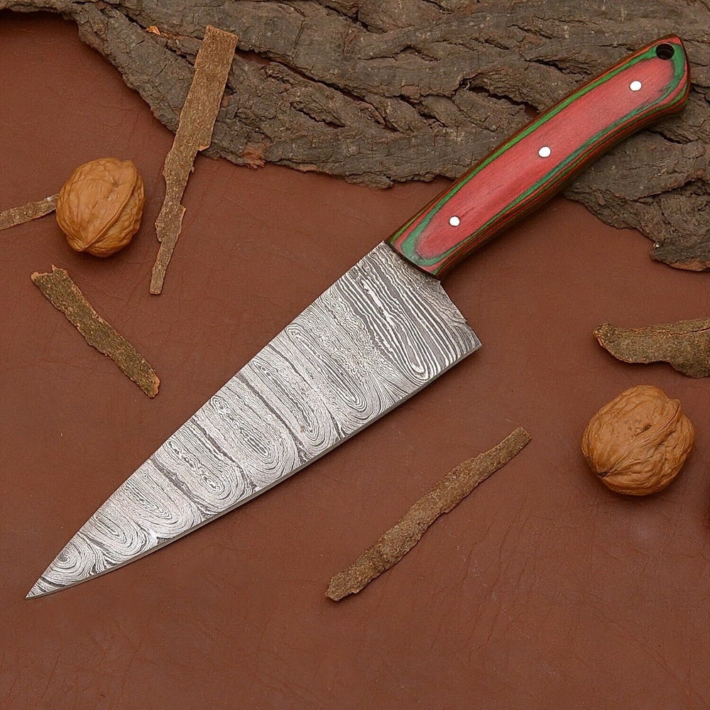 Custom Handmade Damascus Steel Chef Kitchen Knife With Wooden Handle Leather Sheath 12 Full Tang 0