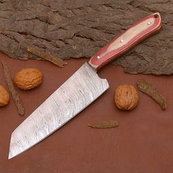 handmade damascus steel chef knife – custom kitchen knife with wooden handle & sheath
