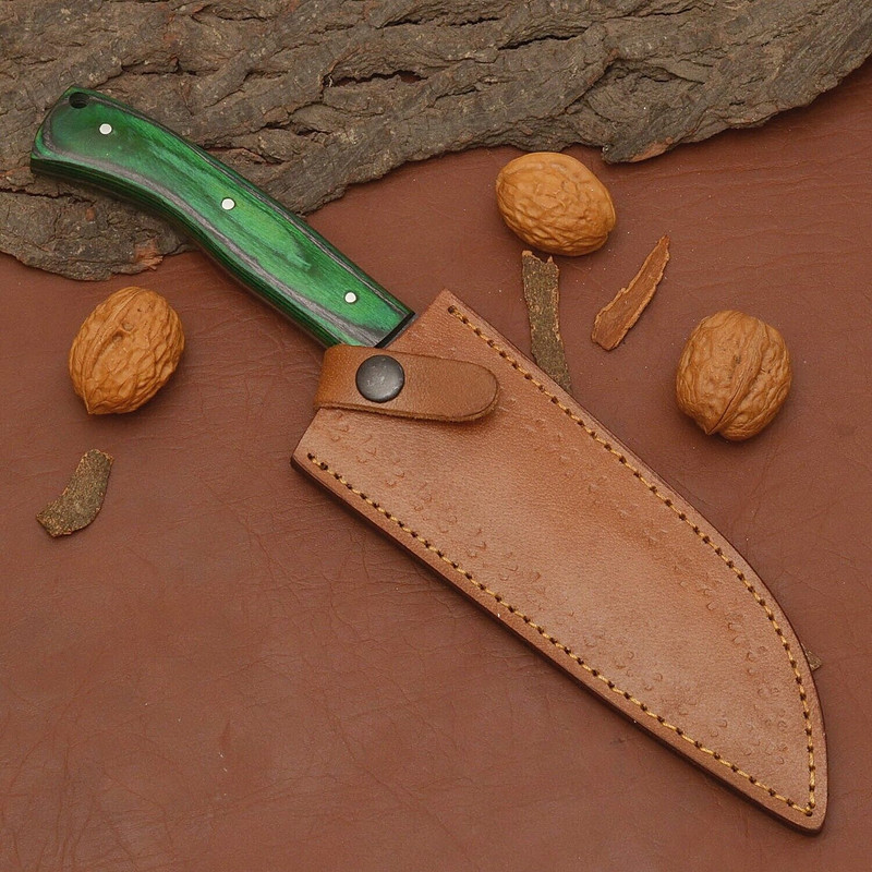 Professional Handmade Damascus Chef Knife  Sharp 7 Inch Blade With Leather Sheath 3