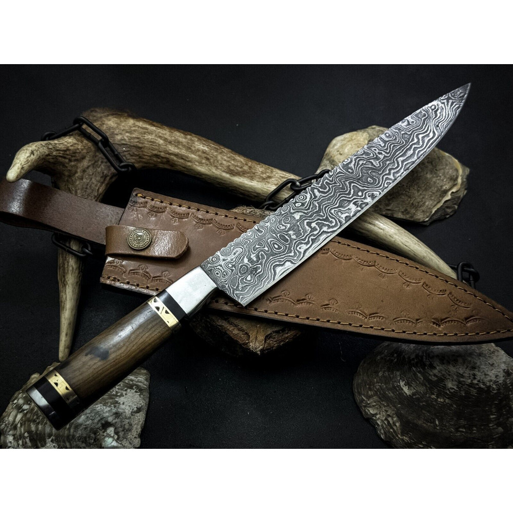 Handmade Damascus Steel Chef Knife With Wood Handle And Leather Sheath 1