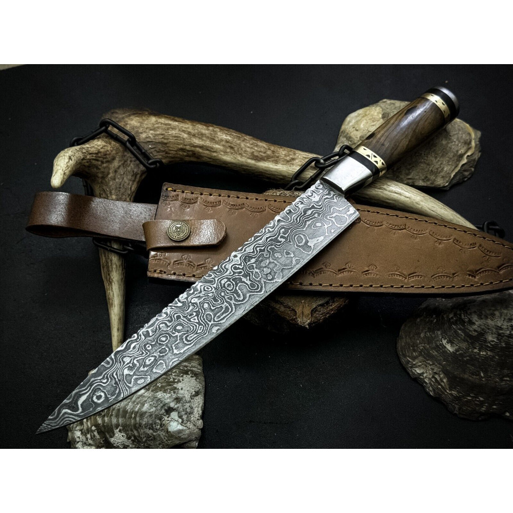 Handmade Damascus Steel Chef Knife With Wood Handle And Leather Sheath 0