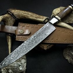 handmade damascus steel chef knife with wood handle and leather sheath