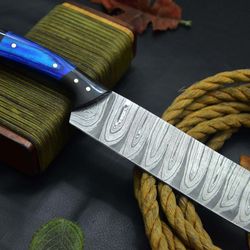 handmade damascus steel chef knife with horn handle and leather sheath