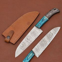damascus steel chef knife – 7" kitchen knife with wooden handle & leather sheath