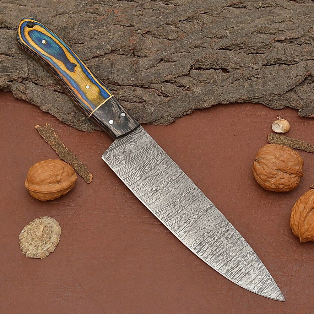 HandForged Damascus Chef Knife  7 Blade Kitchen Knife With Leather Cover 0