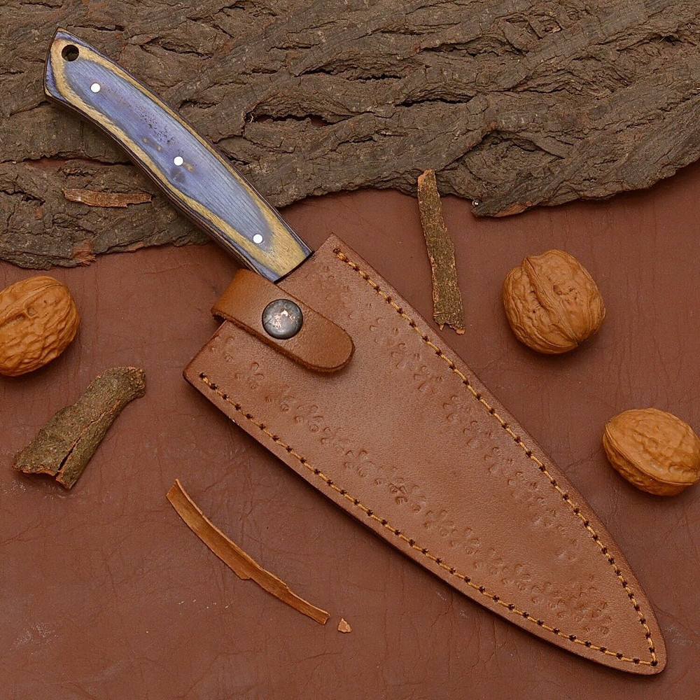 12 Damascus Steel Chef Knife  HandForged Kitchen Knife With Leather Sheath 3