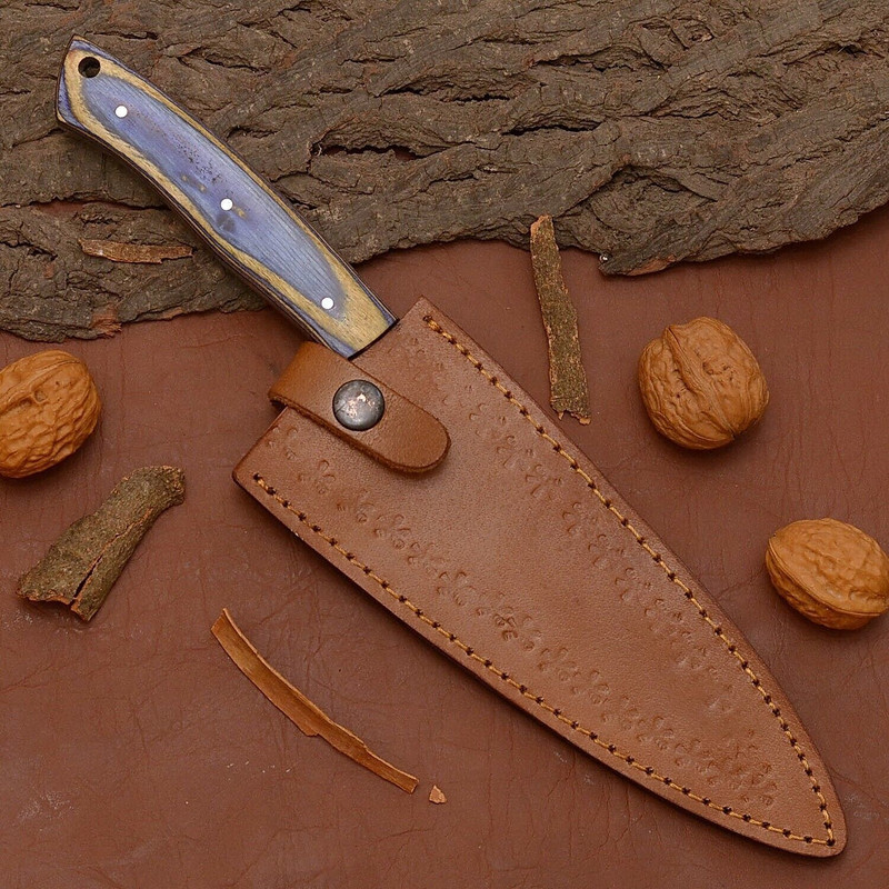 12 Damascus Steel Chef Knife  HandForged Kitchen Knife With Leather Sheath 3