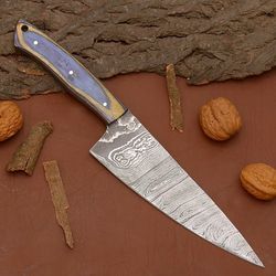 12" damascus steel chef knife – hand-forged kitchen knife with leather sheath