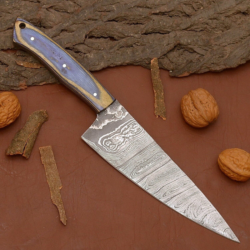 12 Damascus Steel Chef Knife  HandForged Kitchen Knife With Leather Sheath 0