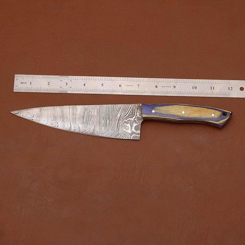 12 Damascus Steel Chef Knife  HandForged Kitchen Knife With Leather Sheath 1