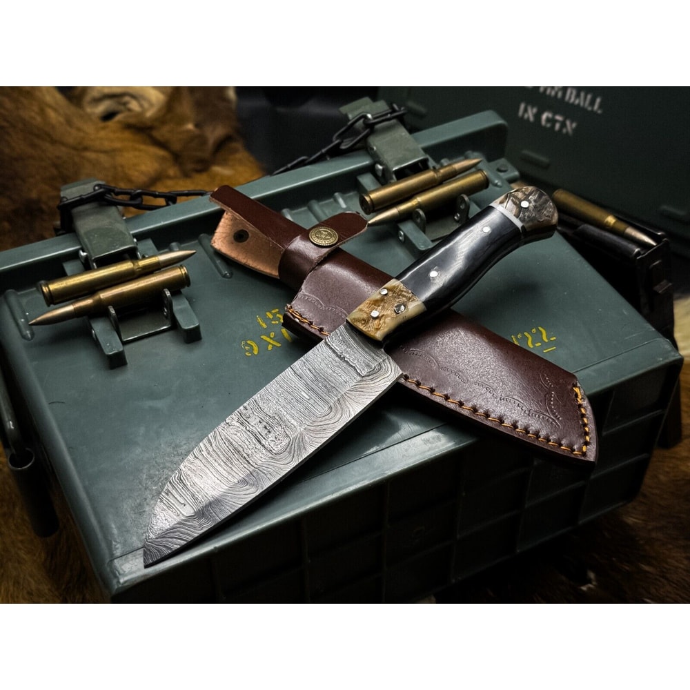 Artisan Damascus Steel Knife Custom Made Chef Knife With Leather Sheath 0