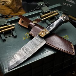 artisan damascus steel knife – custom made chef knife with leather sheath