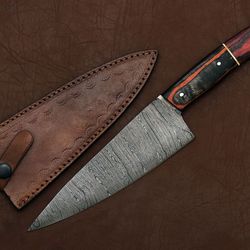 premium handmade damascus steel kitchen knife – 12" chef knife with leather sheath