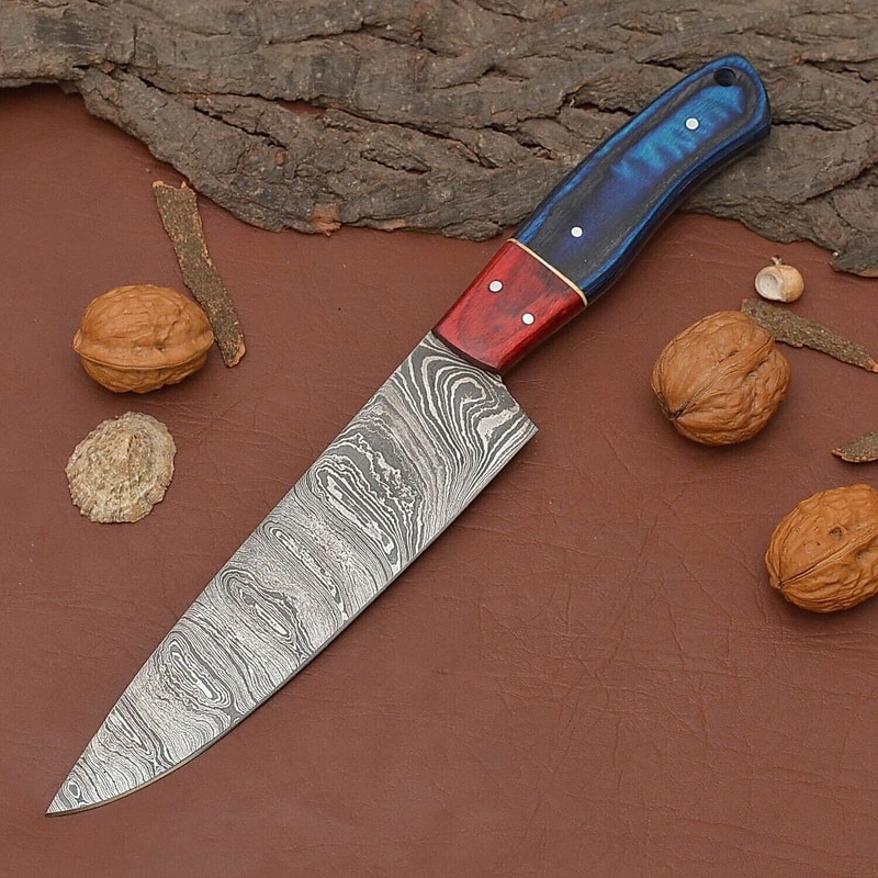 Custom Crafted Damascus Steel Kitchen Knife Sharp Blade With Wooden Handle 0