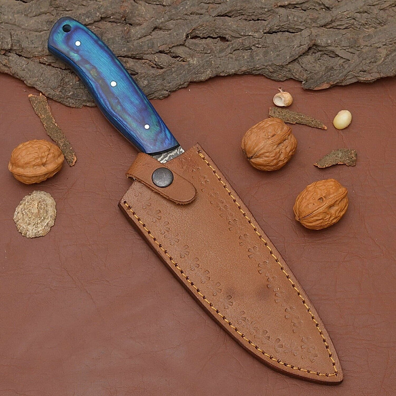Custom Forged Damascus Steel Kitchen Knife  Fillet Chef Knife With Leather Sheath 3
