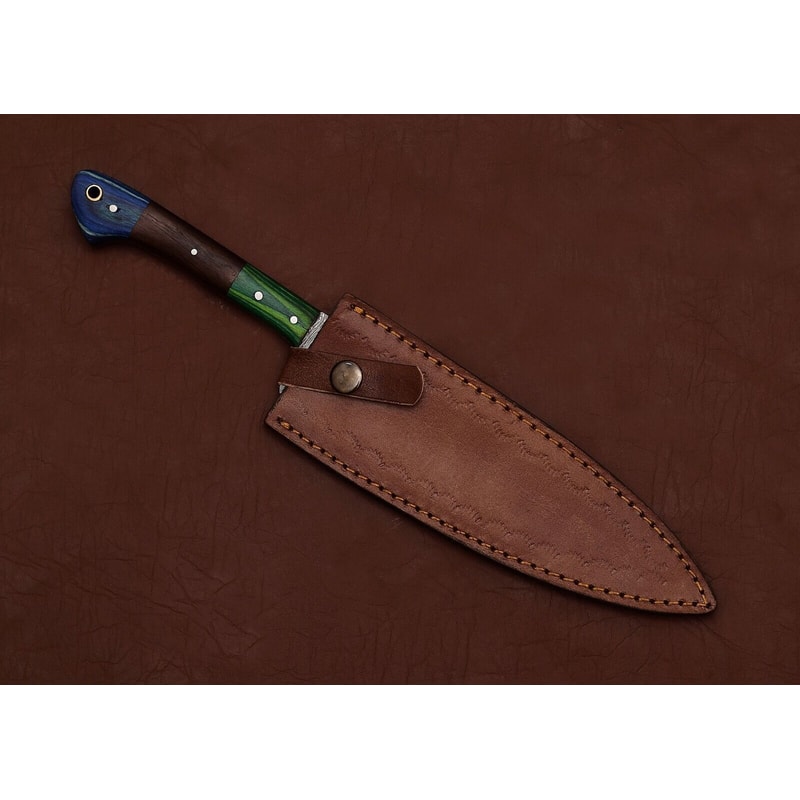 Handmade Damascus Steel Fillet Knife 7 Chef Knife With Pakka Wood Handle Leather Sheath 3