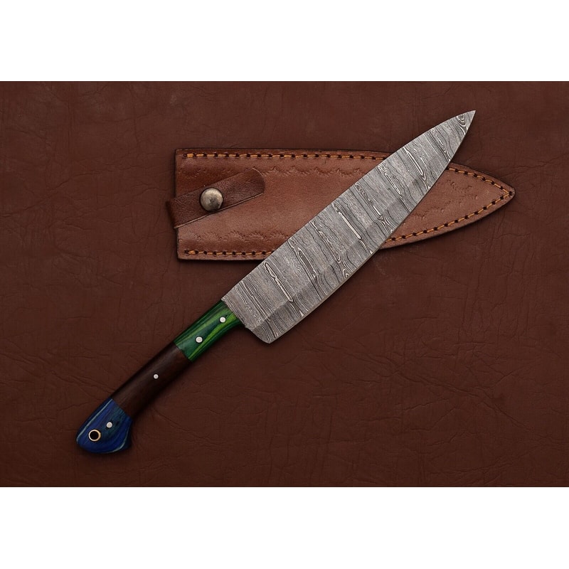 Handmade Damascus Steel Fillet Knife 7 Chef Knife With Pakka Wood Handle Leather Sheath 1