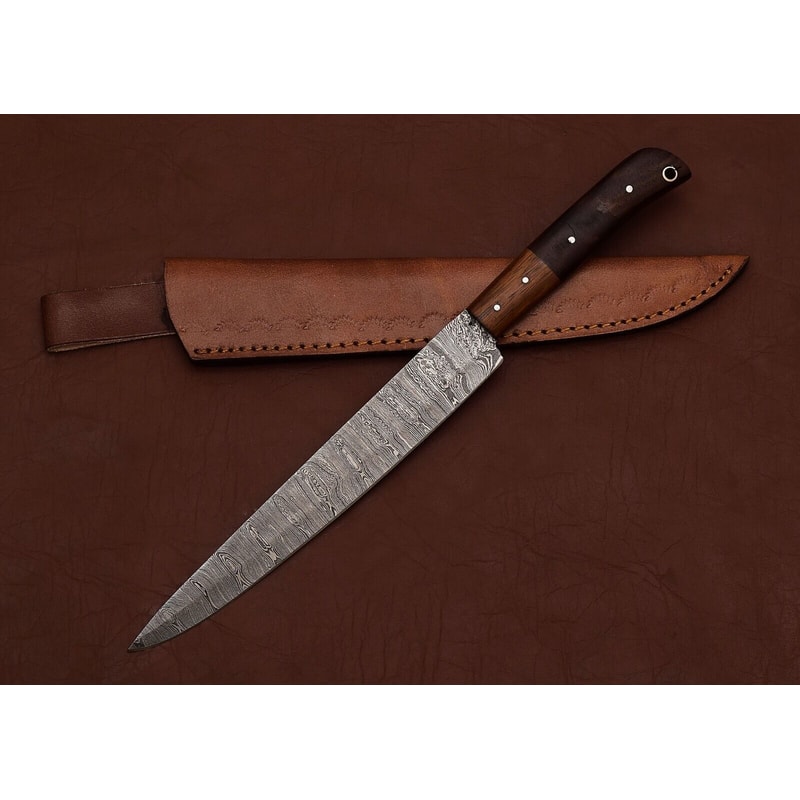 Custom Handmade Damascus Kitchen Knife 7 Inch Fillet Blade With Leather Sheath 2