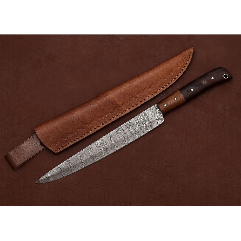 Custom Handmade Damascus Kitchen Knife 7 Inch Fillet Blade With Leather Sheath 0