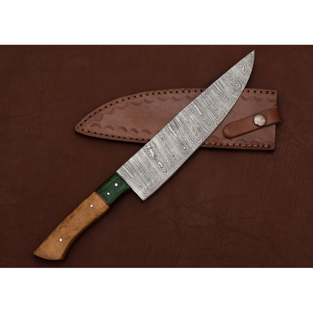 Handmade Damascus Kitchen Knife  7 Inch Fillet Blade With Leather Sheath 1