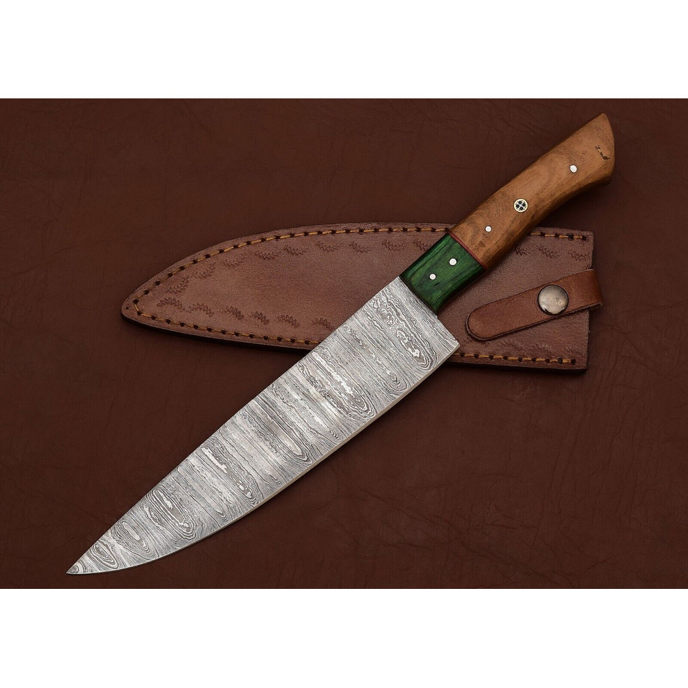 Handmade Damascus Kitchen Knife  7 Inch Fillet Blade With Leather Sheath 0