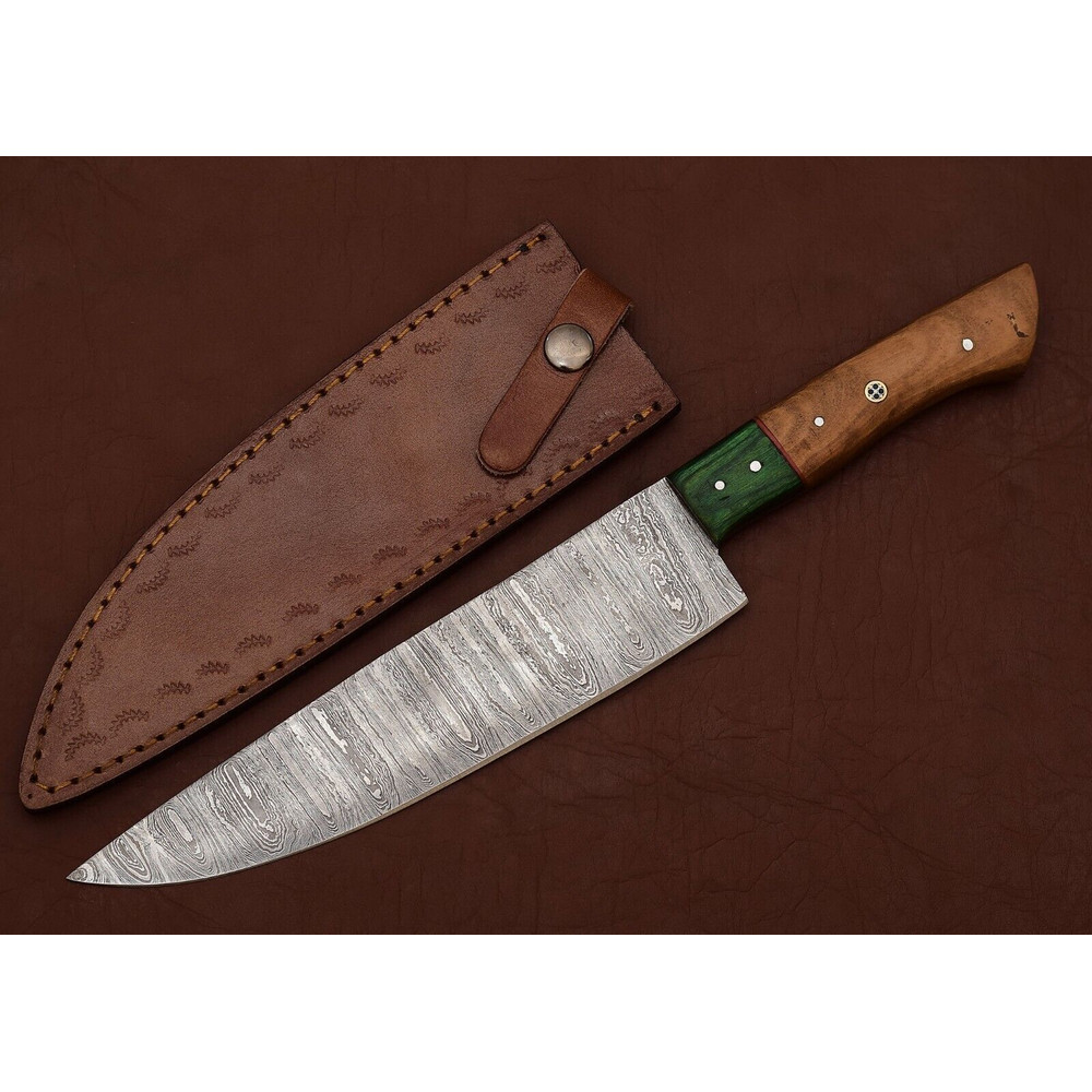 Handmade Damascus Kitchen Knife  7 Inch Fillet Blade With Leather Sheath 2