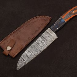 hand-forged damascus steel fillet knife | 12" custom chef knife with leather sheath & wooden handle