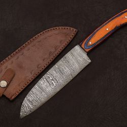 damascus steel fillet knife | custom handmade chef knife with leather sheath