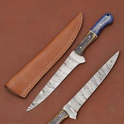 custom handmade damascus steel knife – luxury chef fillet blade with leather sheath