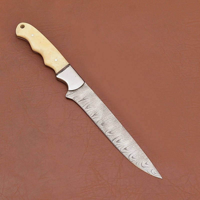 Custom Handmade Damascus Steel Chef Fillet Knife With Camel Bone Handle And Leather Sheath 1