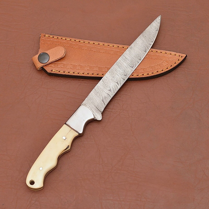 Custom Handmade Damascus Steel Chef Fillet Knife With Camel Bone Handle And Leather Sheath 2