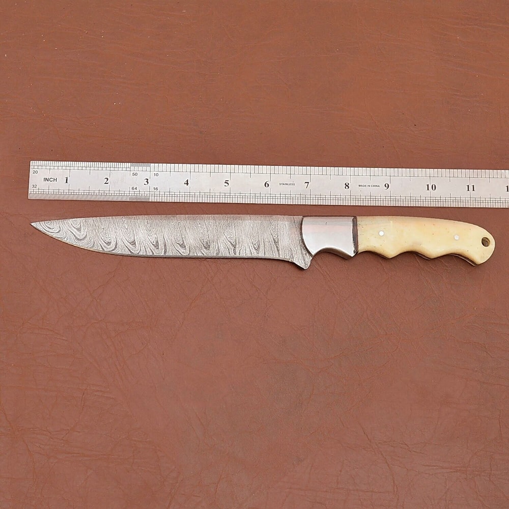 Custom Handmade Damascus Steel Chef Fillet Knife With Camel Bone Handle And Leather Sheath 3