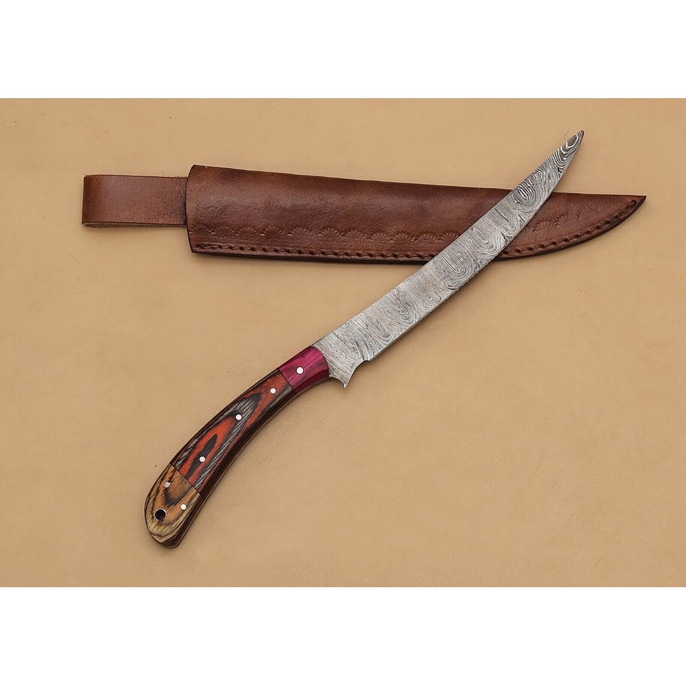 Custom Damascus Steel Fillet Knife 12 Chef Knife With Elegant Pakka Wood Grip 1