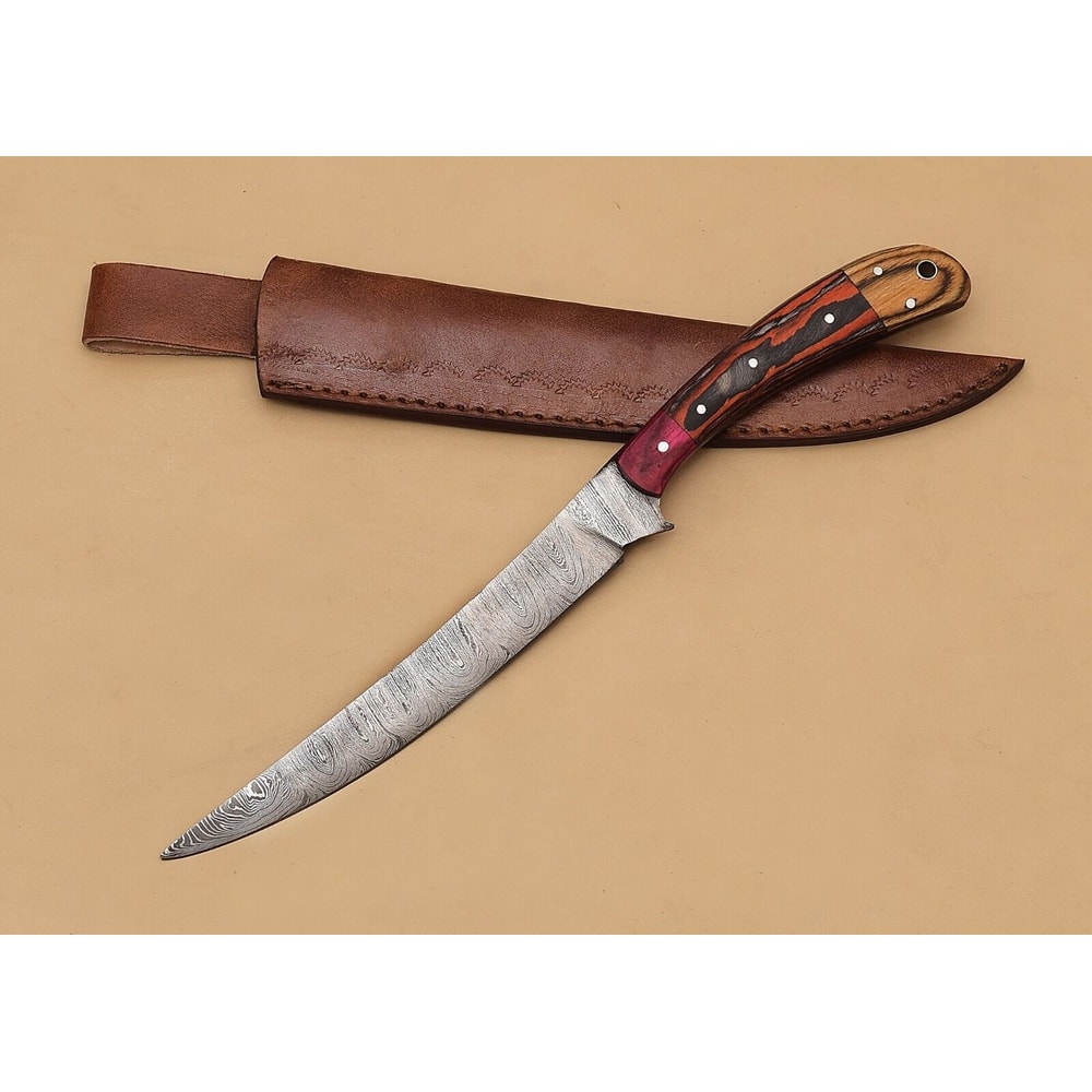 Custom Damascus Steel Fillet Knife 12 Chef Knife With Elegant Pakka Wood Grip 2