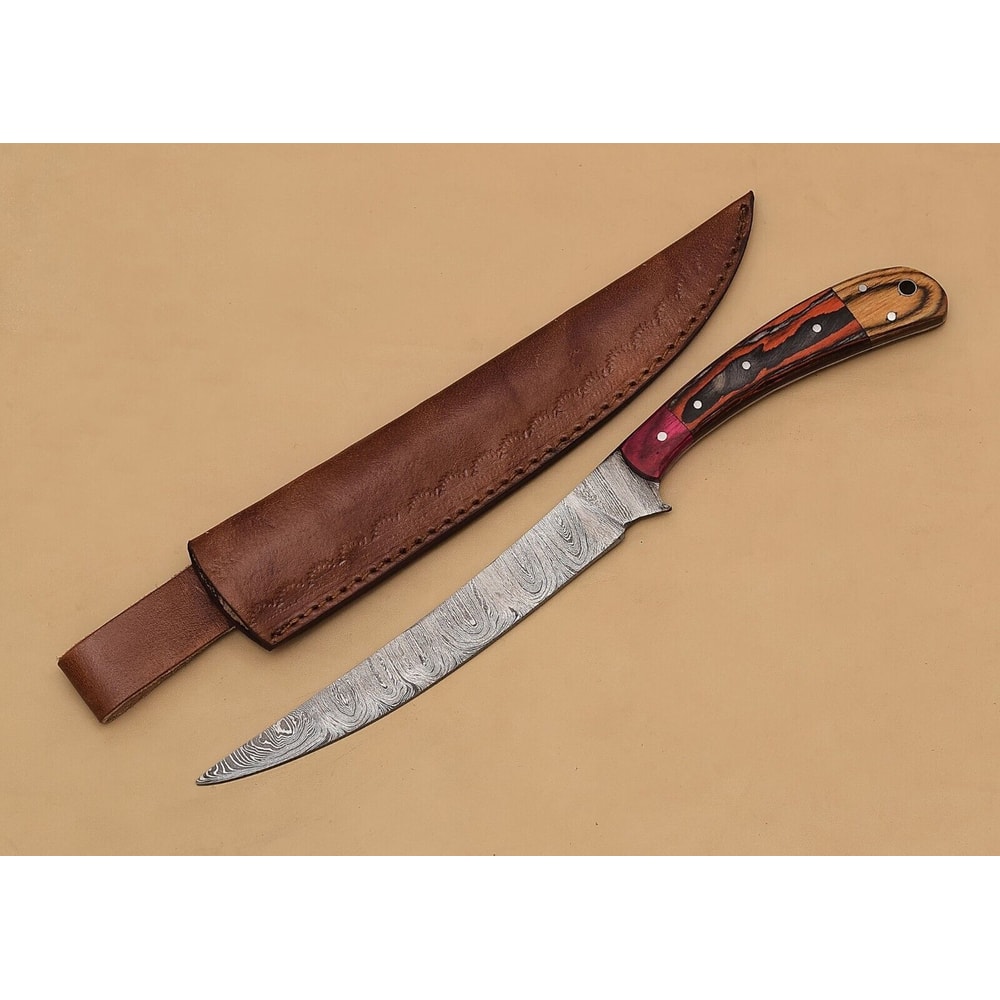 Custom Damascus Steel Fillet Knife 12 Chef Knife With Elegant Pakka Wood Grip 0