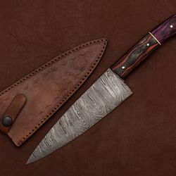 handmade damascus chef knife – outdoor & kitchen fillet blade with leather sheath