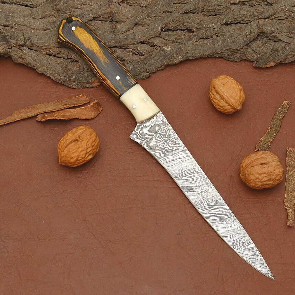 Premium Damascus Fillet Knife Custom Handmade 12 Blade With Leather Sheath 1