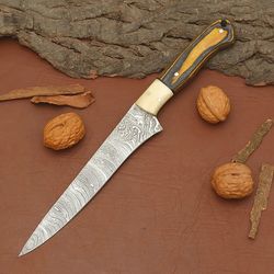 premium damascus fillet knife – custom handmade 12" blade with leather sheath